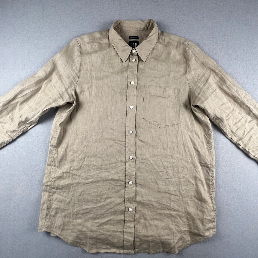 Gap 100% Linen Boyfriend Shirt Mens Medium Beige Casual Coastal Minimal Summer